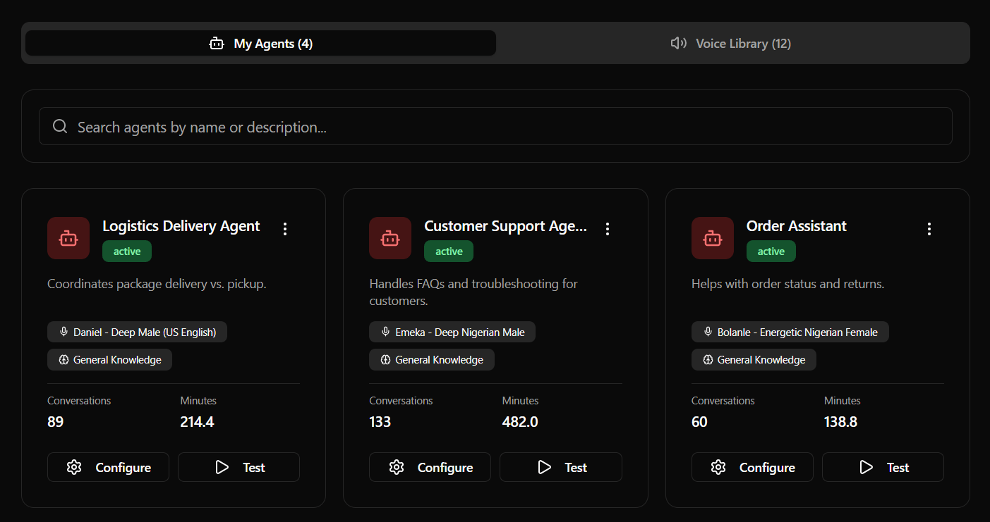 Voice Agent Settings Panel (Dark)