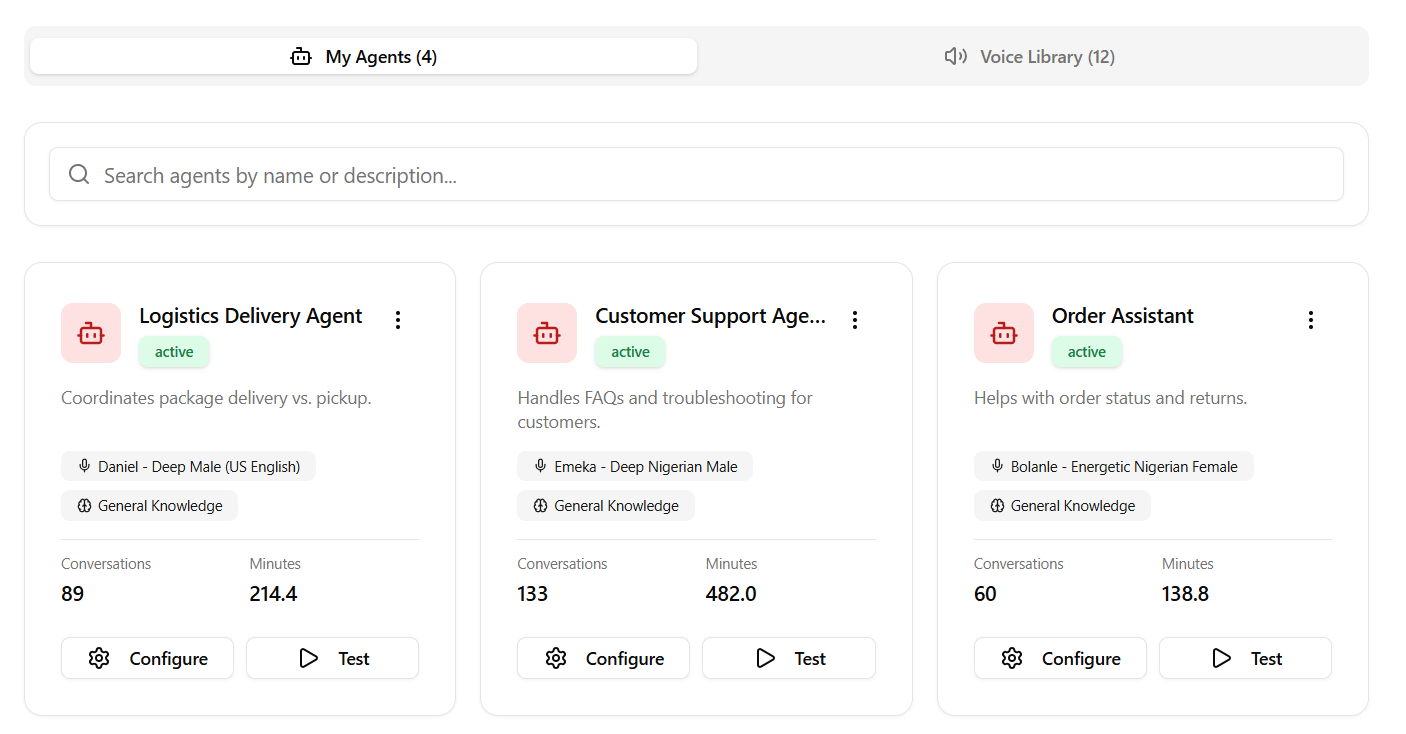 Voice Agent Settings Panel (Light)