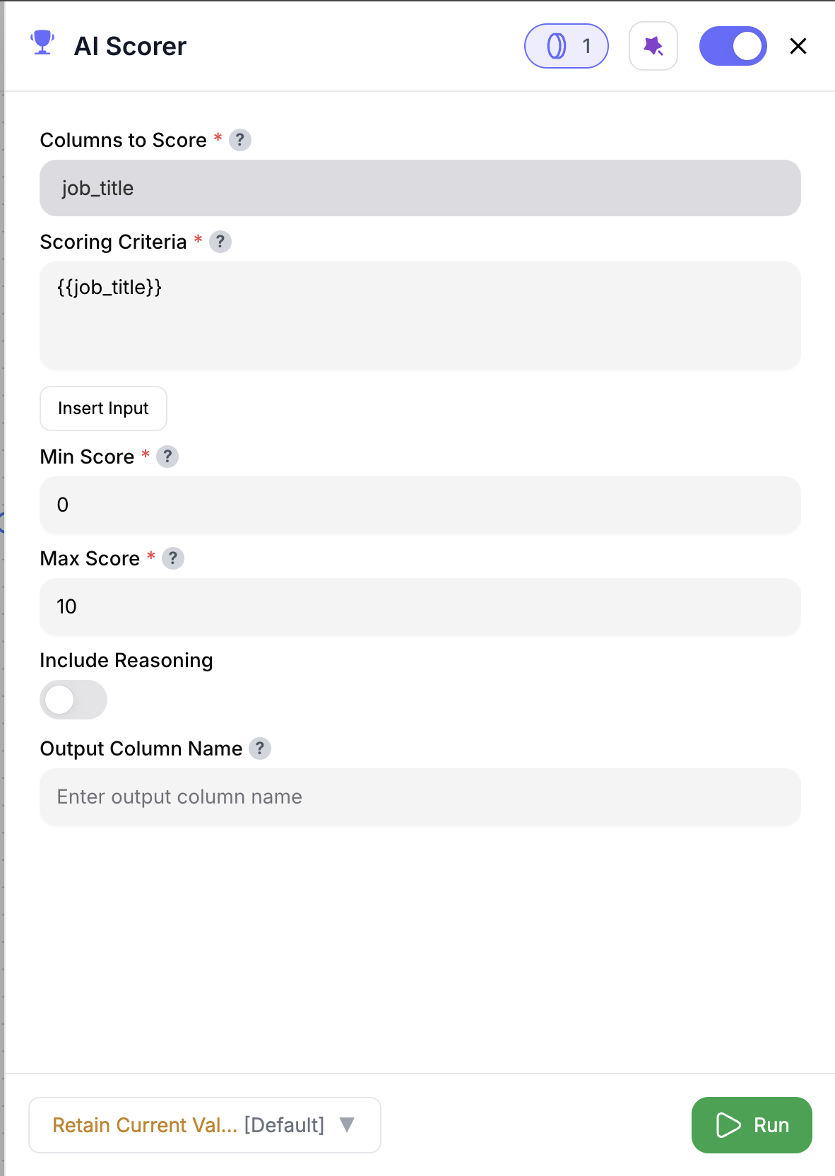 AI Scorer node configuration screenshot
