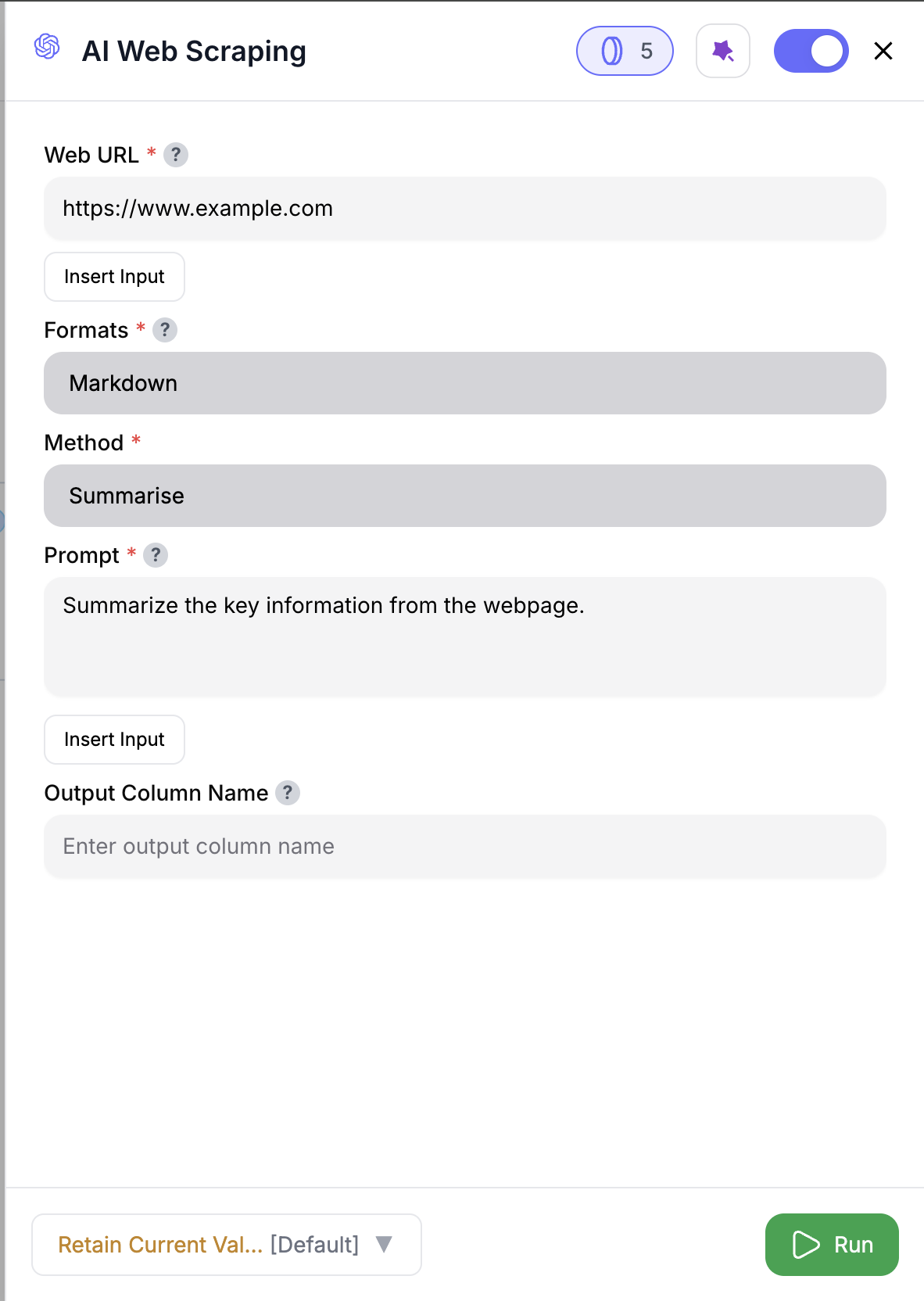 AI Web Scraping node configuration screenshot