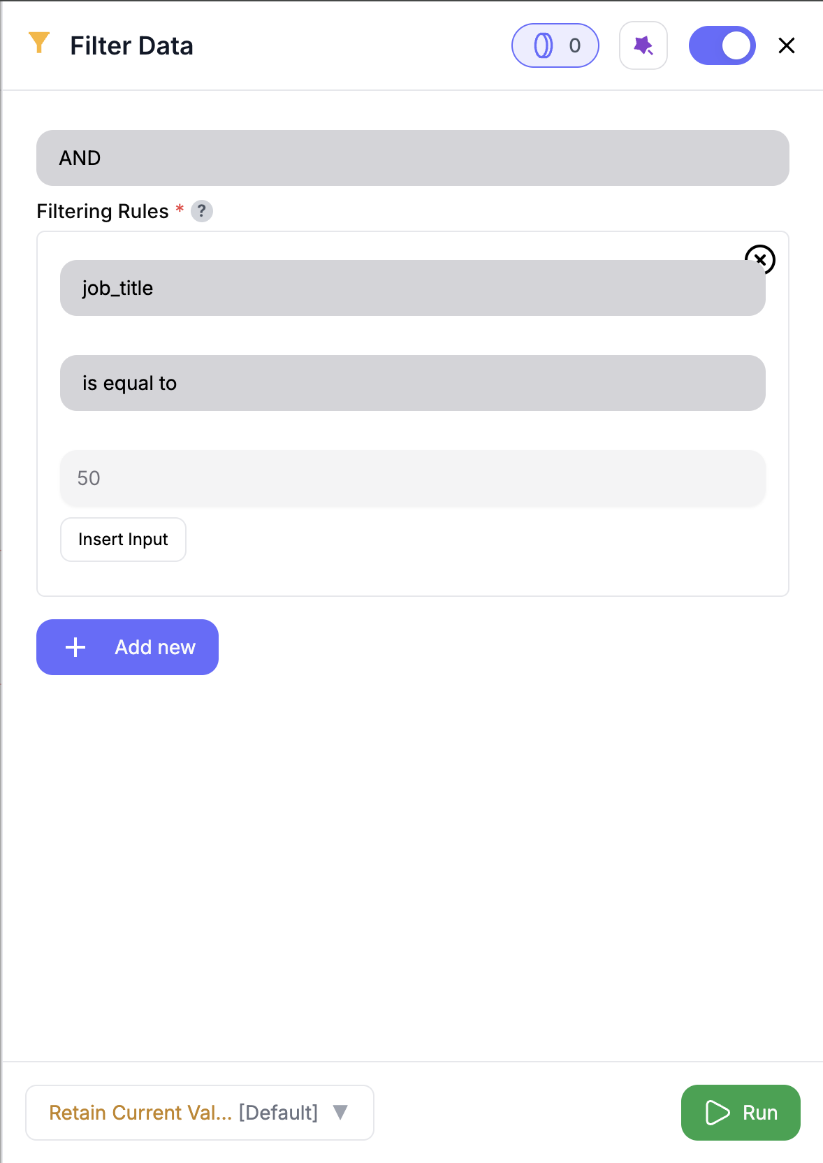 Filter Data node configuration screenshot