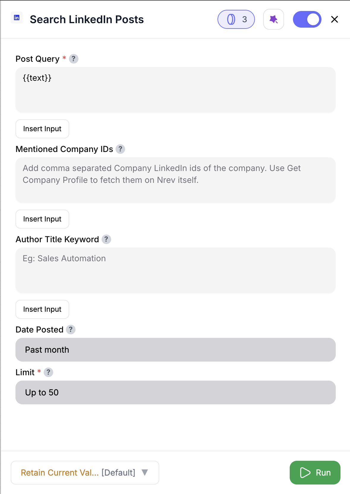 Search LinkedIn Posts config screenshot