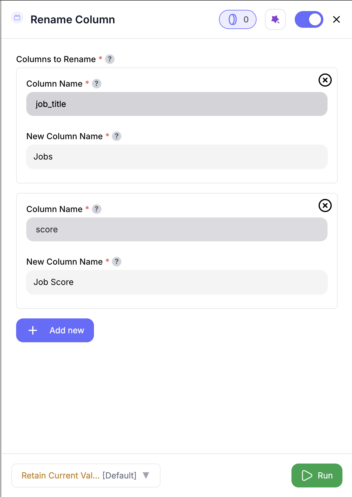 Rename Column node configuration