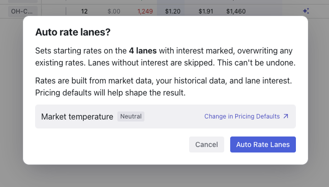 Auto Rate confirmation dialog showing lane count and Market Temperature