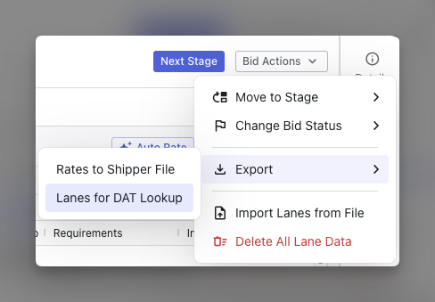 Bid Actions menu with Export expanded, showing Lanes for DAT Lookup