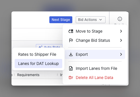 Bid Actions menu with Export expanded, showing Lanes for DAT Lookup