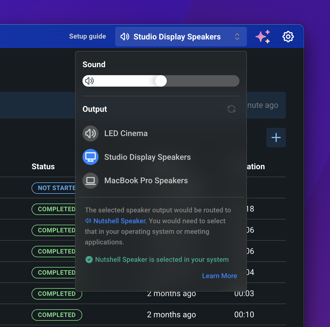 Selecting Nutshell Speaker in system settings