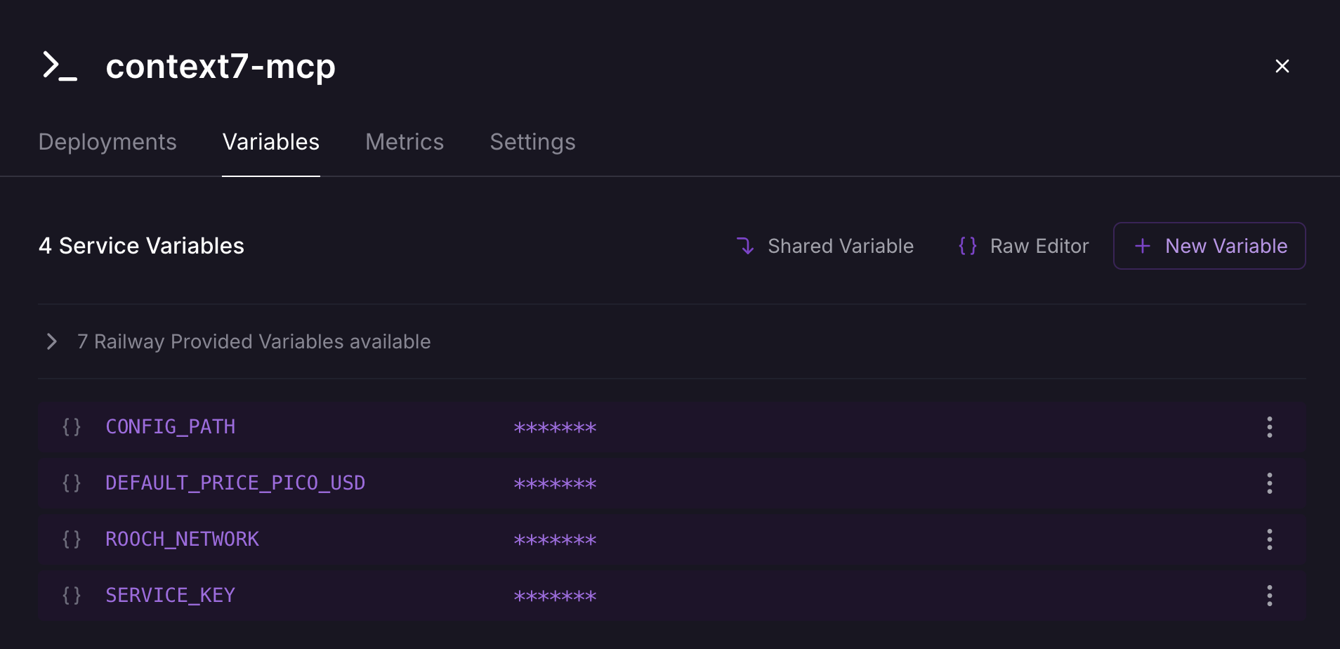 Railway environment variables screenshot