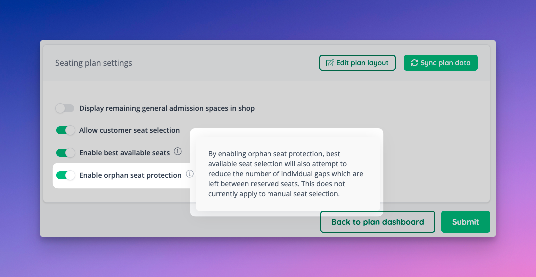 Enabling orphan seat protection from within the seating plan settings.