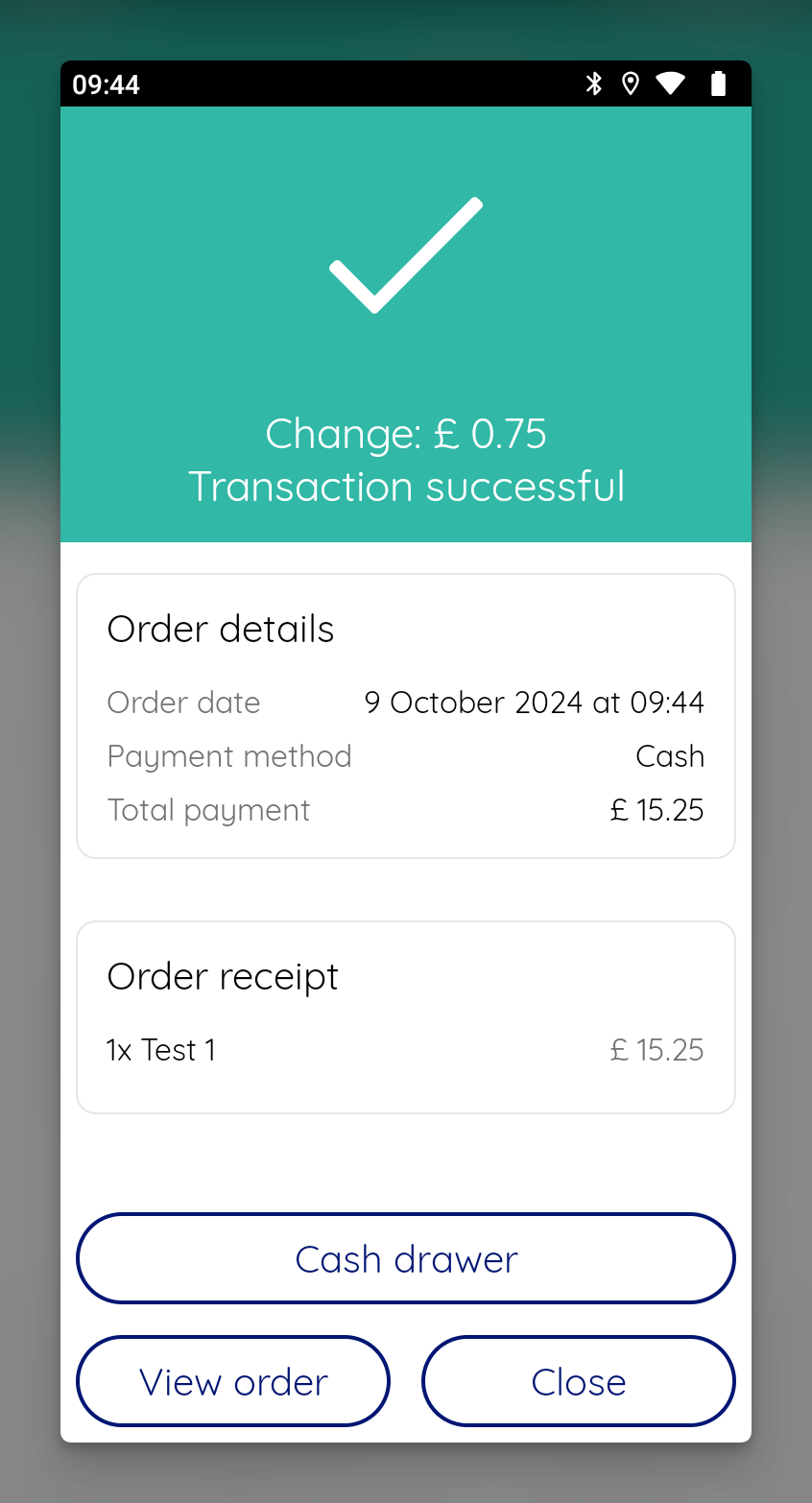 Change for cash payments is displayed