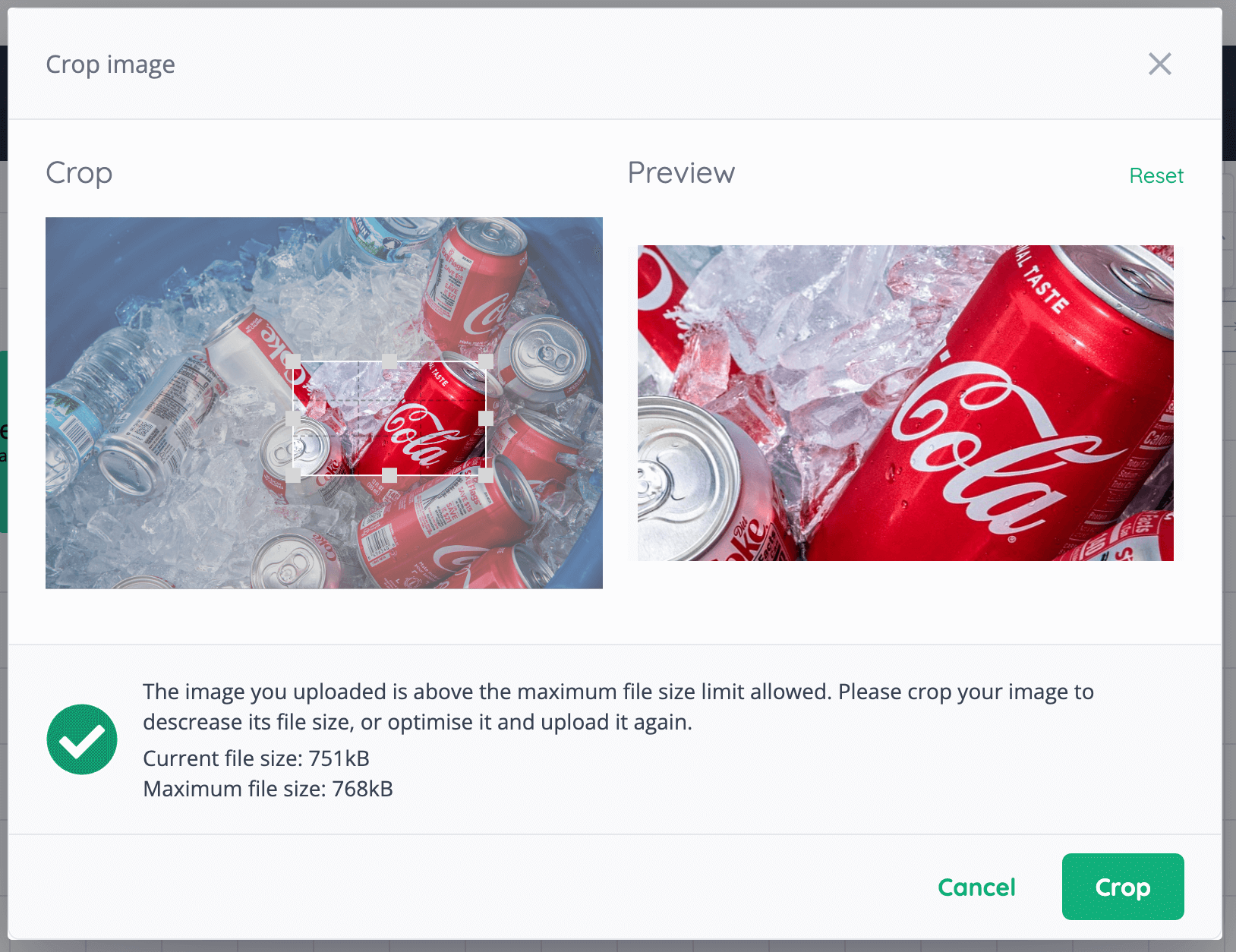 Improved image cropping with crop reset, and improved file size checking happening after cropping