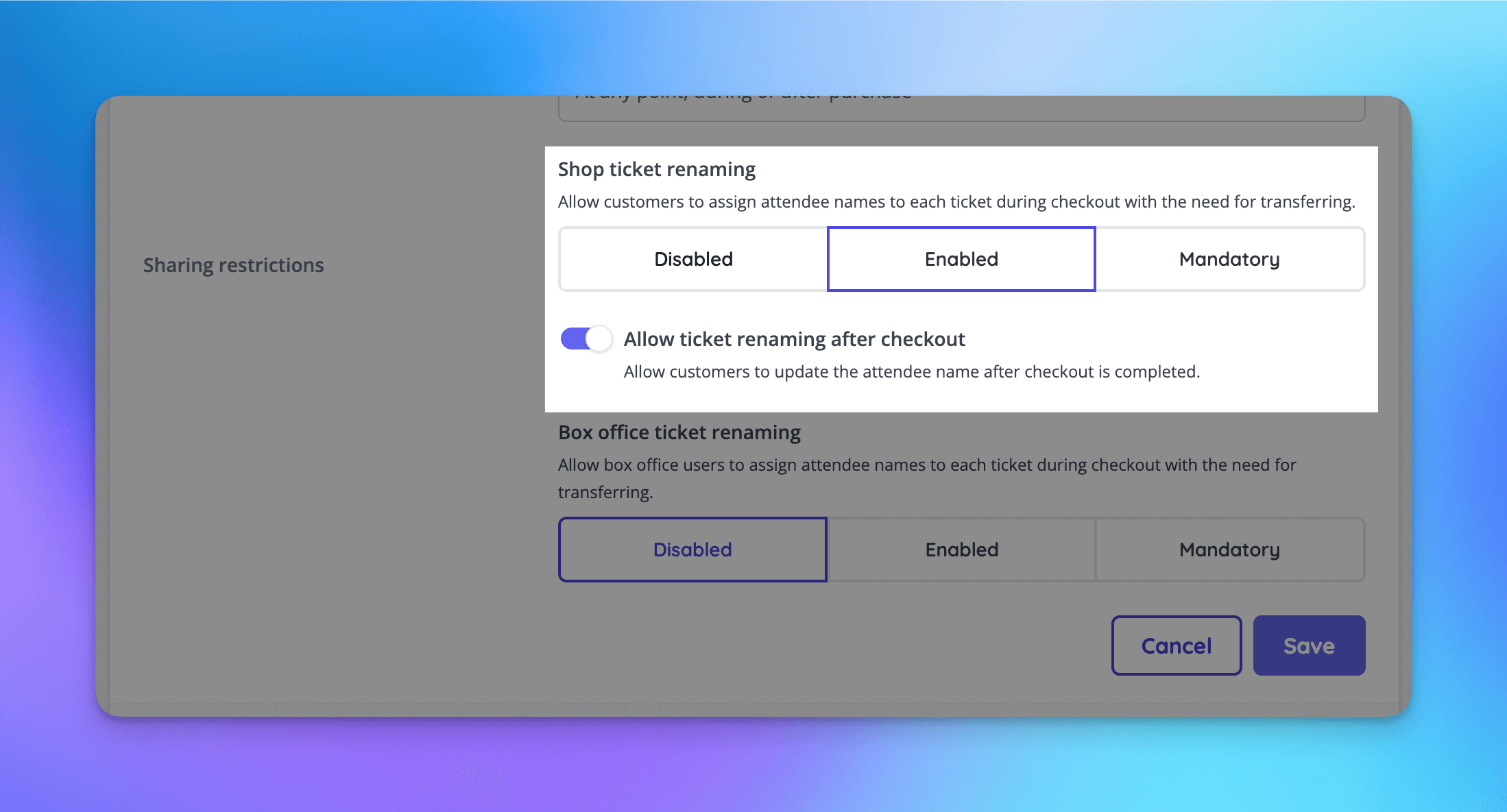 Allow customers to update the attendee name after checkout, when shop ticket renaming is enabled or mandatory.