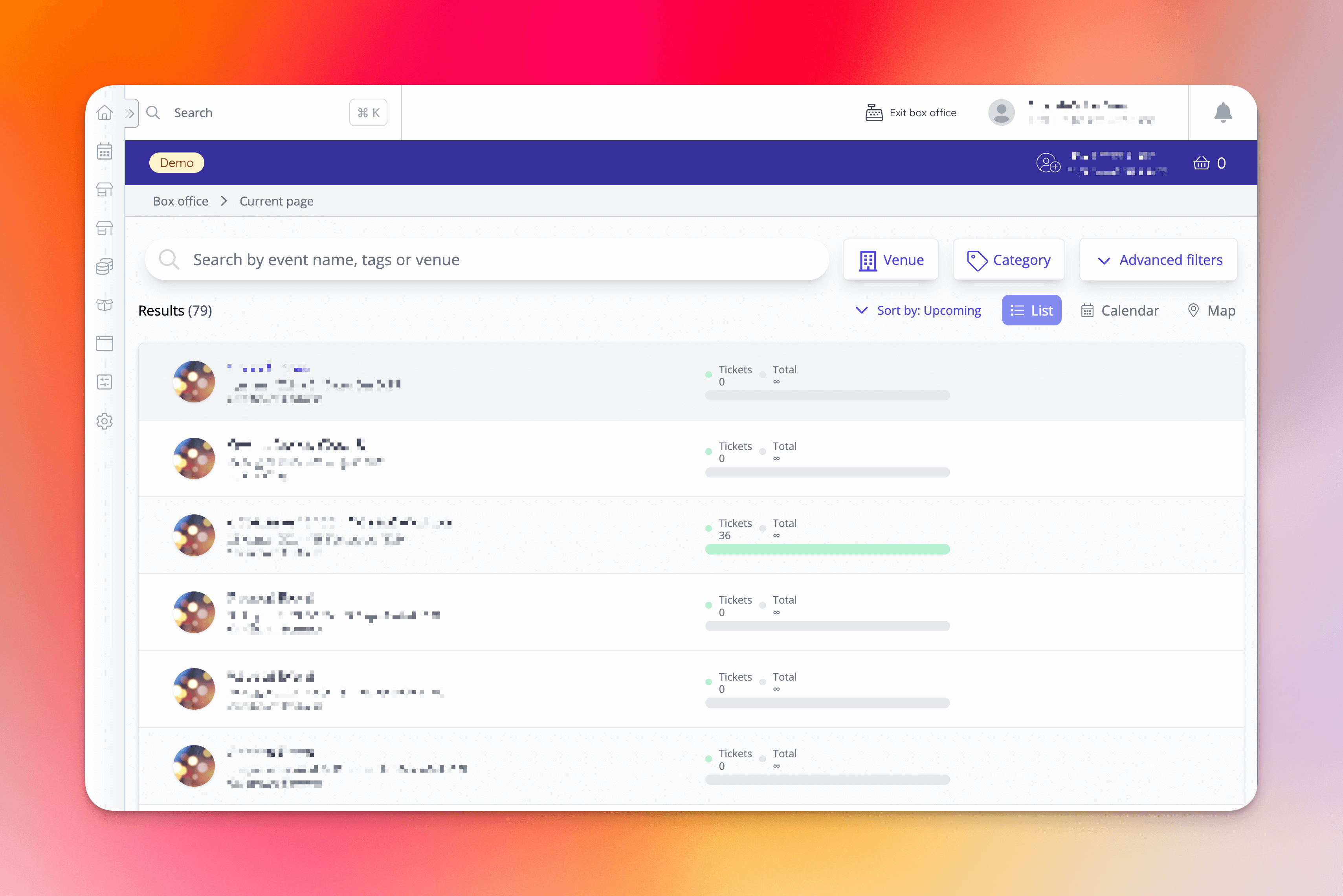 Box office homepage now lists events, rather than using the Shop browse page.