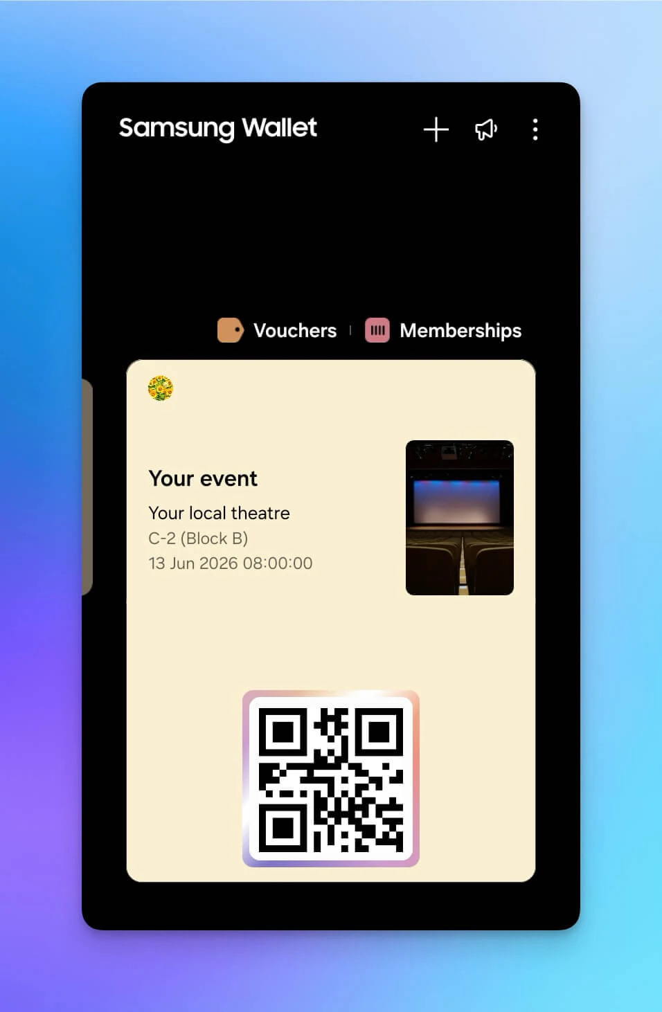 The downloaded pass will reflect the colours and images you set up in your Mobile Wallet Designs.