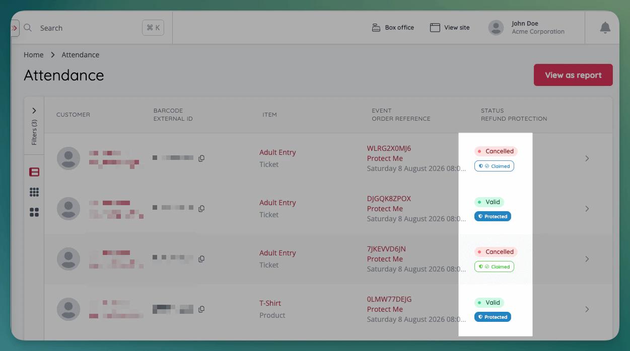 Refund protection status visible all throughout the platform, including relevant APIs