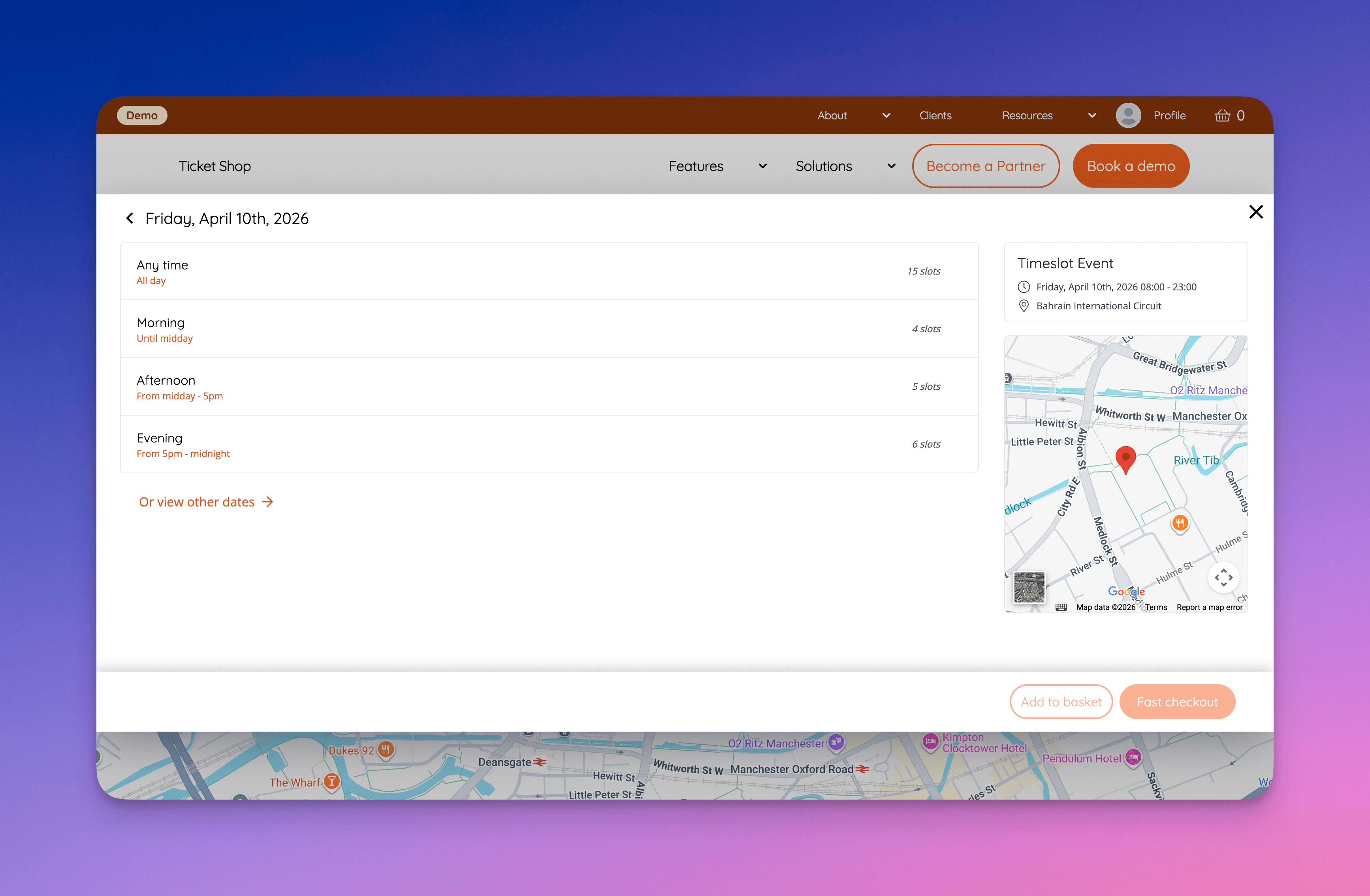 To help customers choose from a large list of timeslots, morning afternoon and evening groups are displayed.