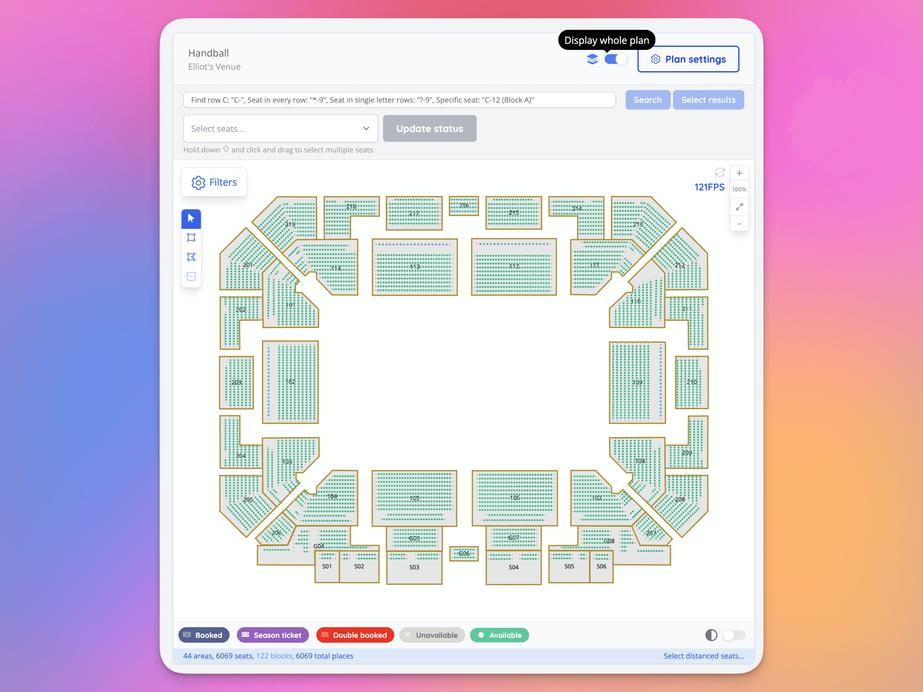 All seats in a seating plan can be enabled for viewing within the Admin.