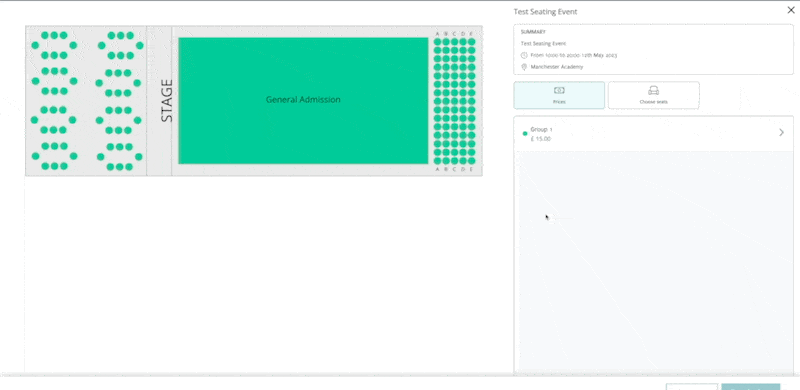 Searching for available tickets based on a customer choice of price bands, sections or general admissions.
