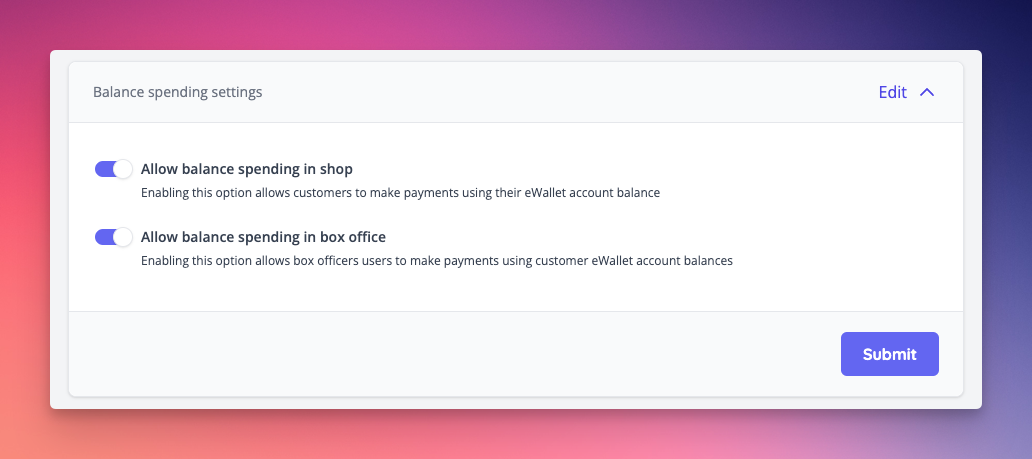 Balance spending can be enabled for both the Shop and Box Office separately.