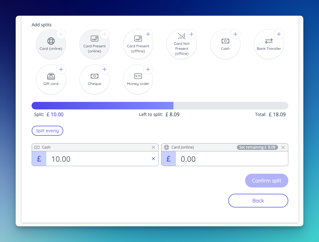 Multiple payment methods can be used to pay the balance of an order.
