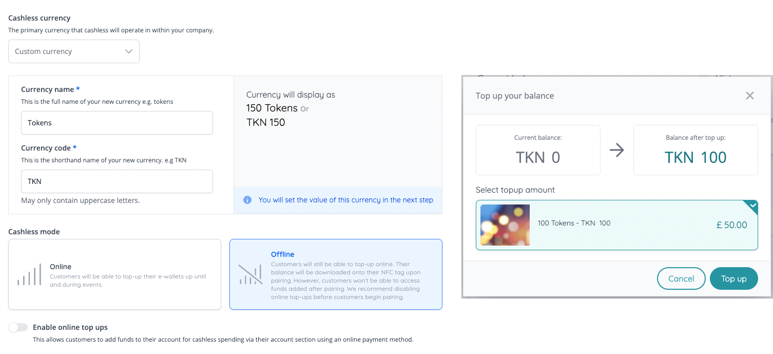 New cashless settings ft. token currencies
