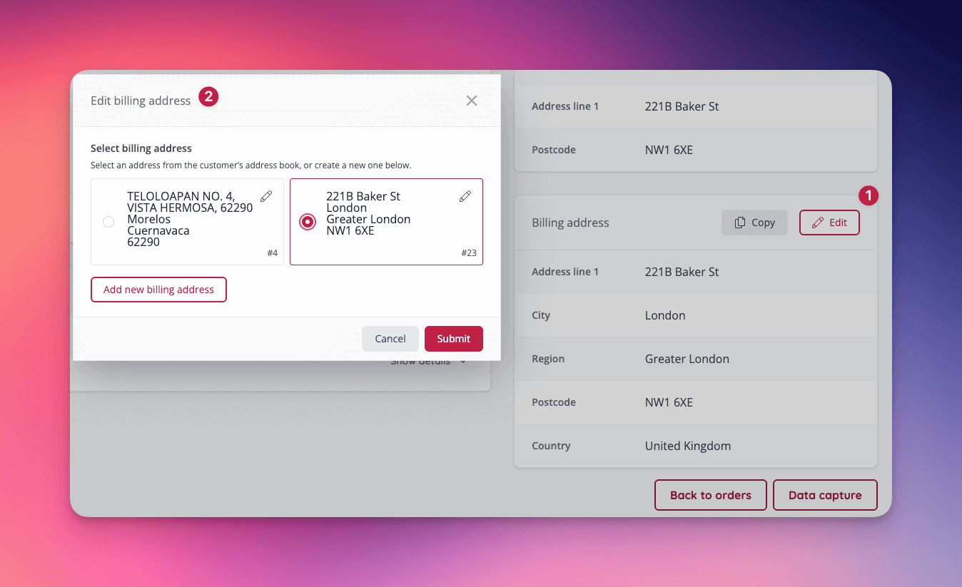 Select an address from the customers address book or edit/create another address.
