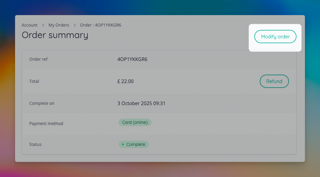 Self-serve order modification within customer account
