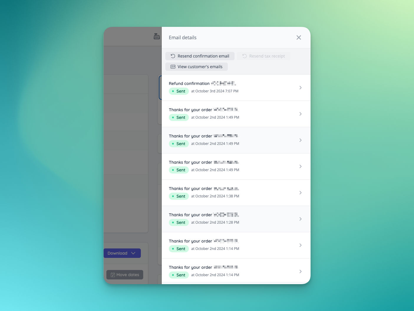 Email history for a specific order.