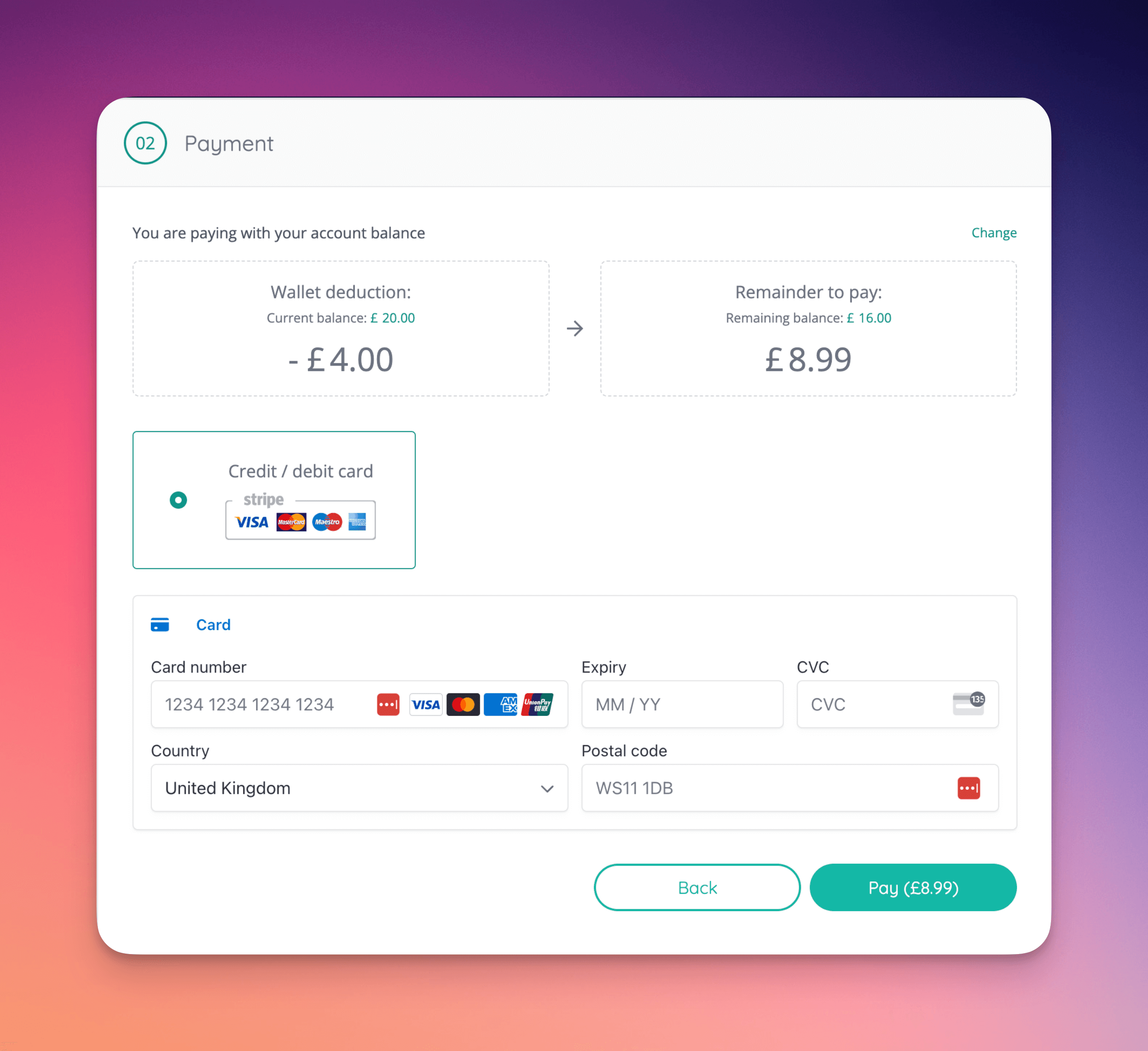 Example of paying with both eWallet and card