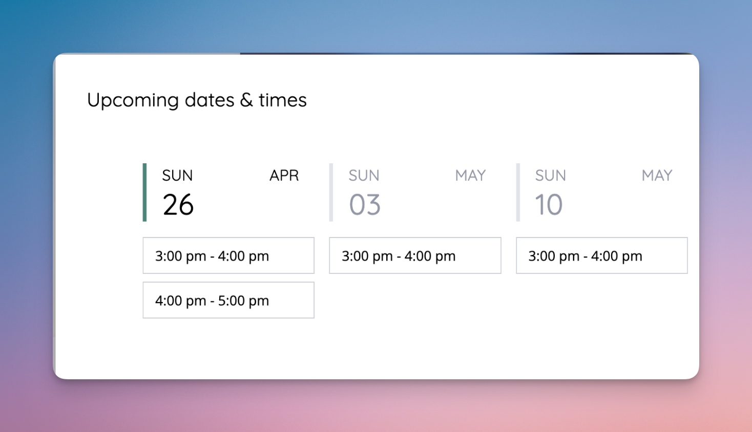 Two events on Sunday 26th April now display correctly in the items modal.