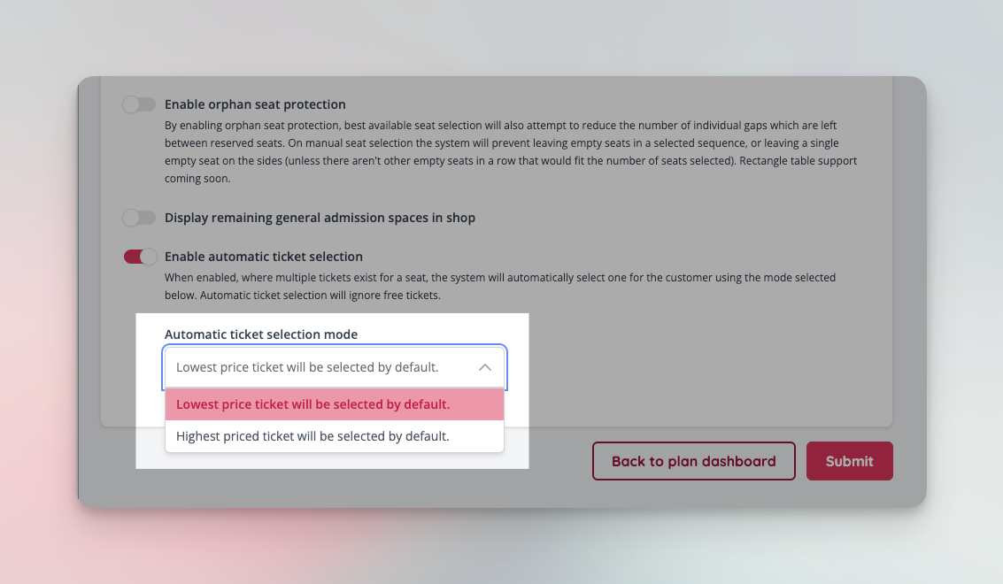Automatic ticket selection for multi-ticket seats