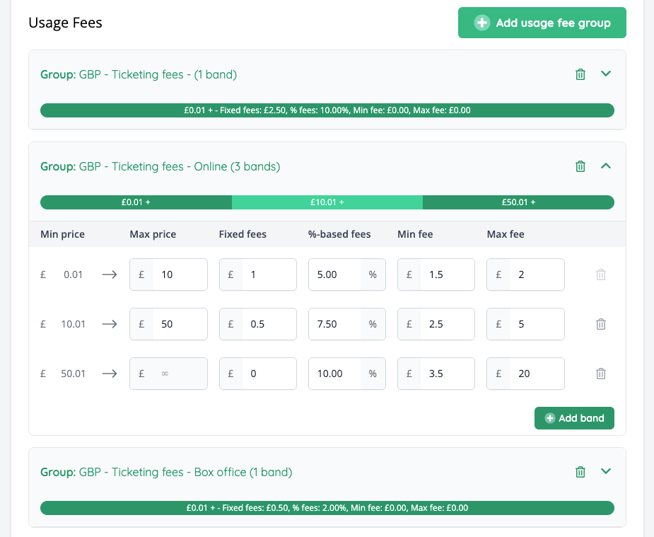 New system usage fee configurations
