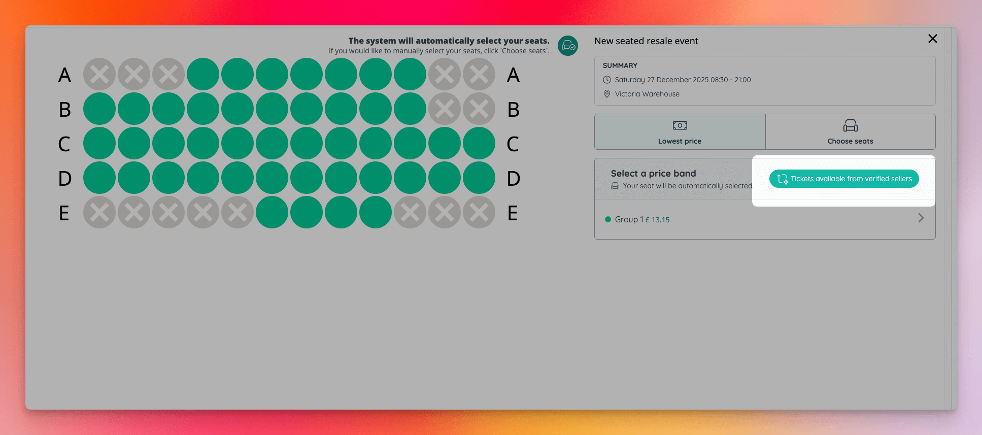 Seated event with verified resale tickets available