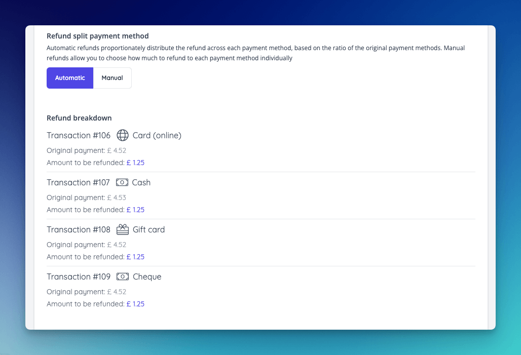 Refunds splits can be set automatically, matching the original transactions proportions.