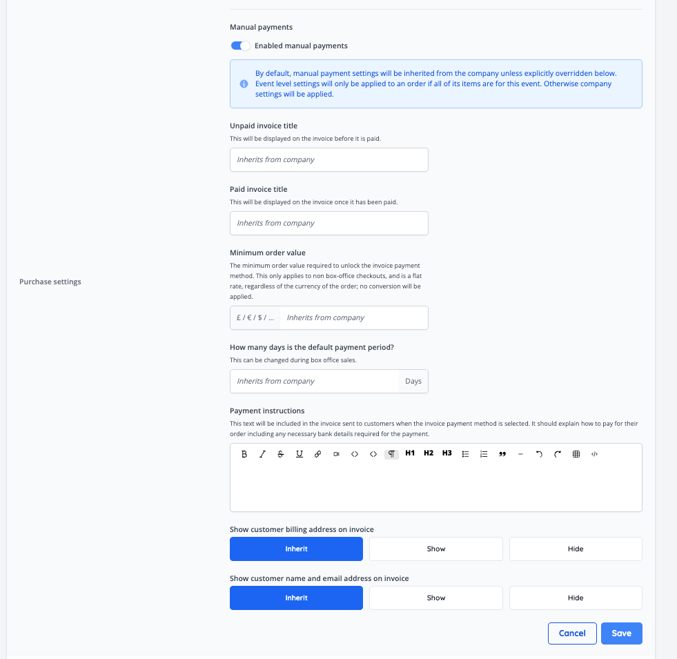 Per-event invoice configurations