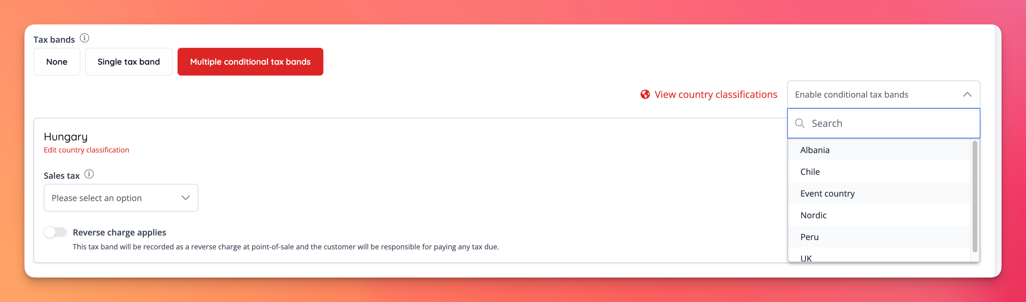 Adding conditional tax bands is now easier using the searchable select input.