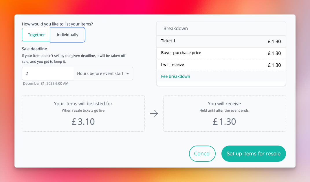Items may be listed for purchase as a group, or individually, with breakdown of fees and payout information when sold