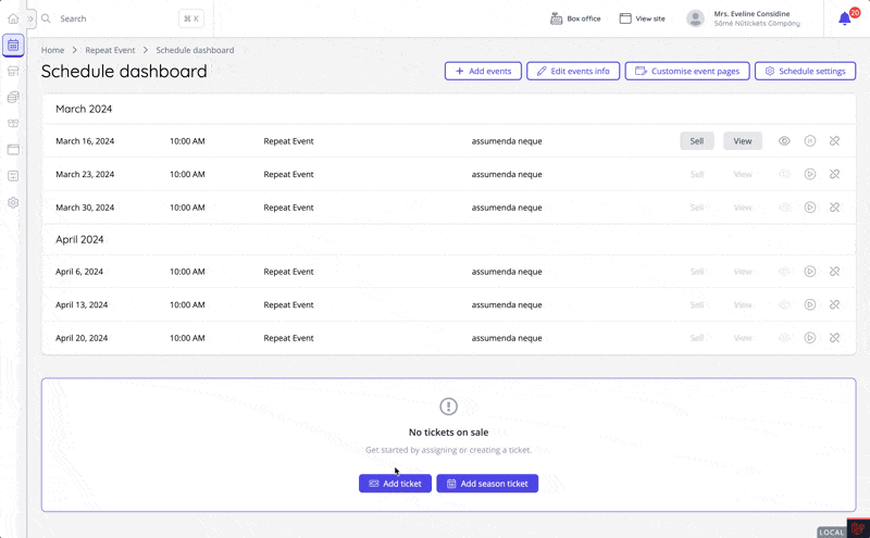 Assigning a ticket to all events in a schedule from the schedule dashboard.