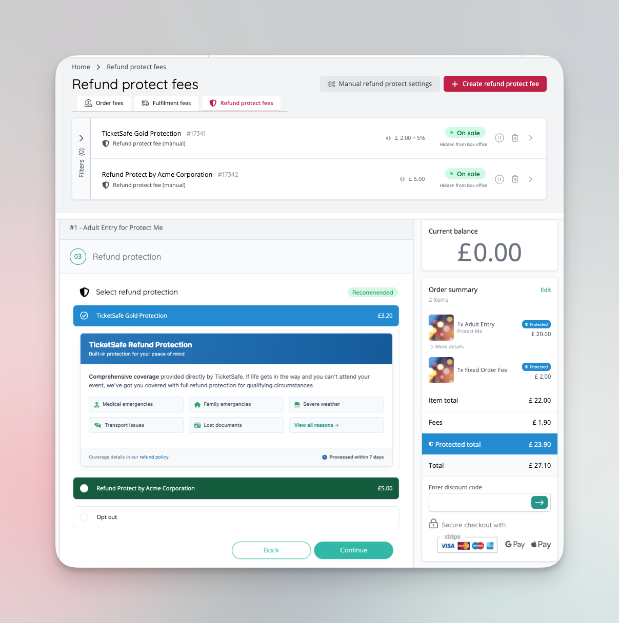 Customisable refund protect checkout widget