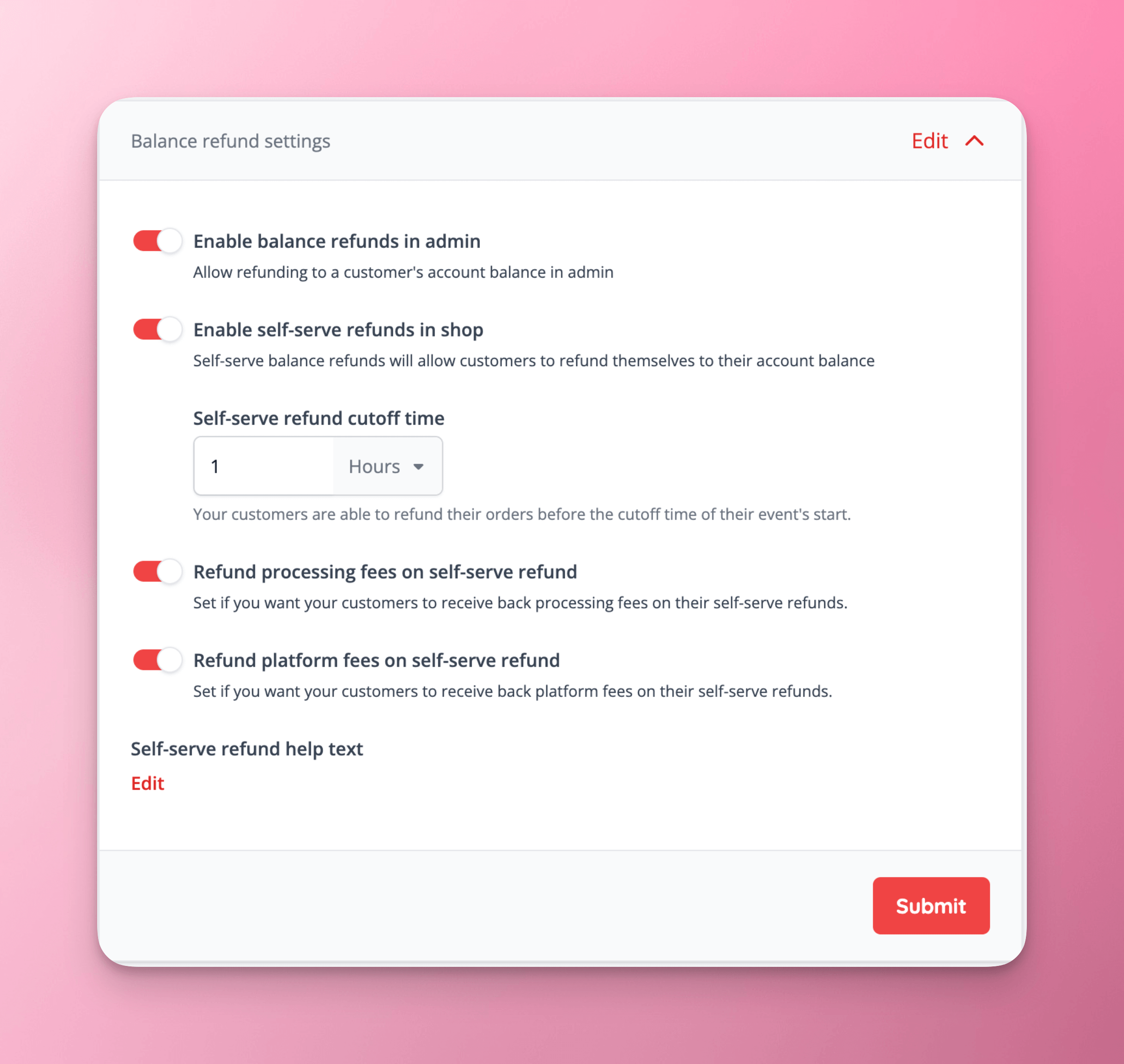 Self-serve refund settings