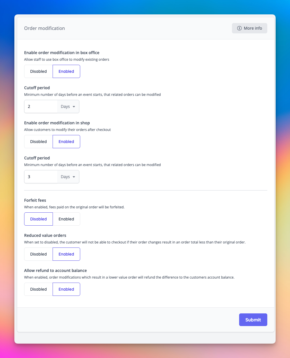 Order modification admin settings