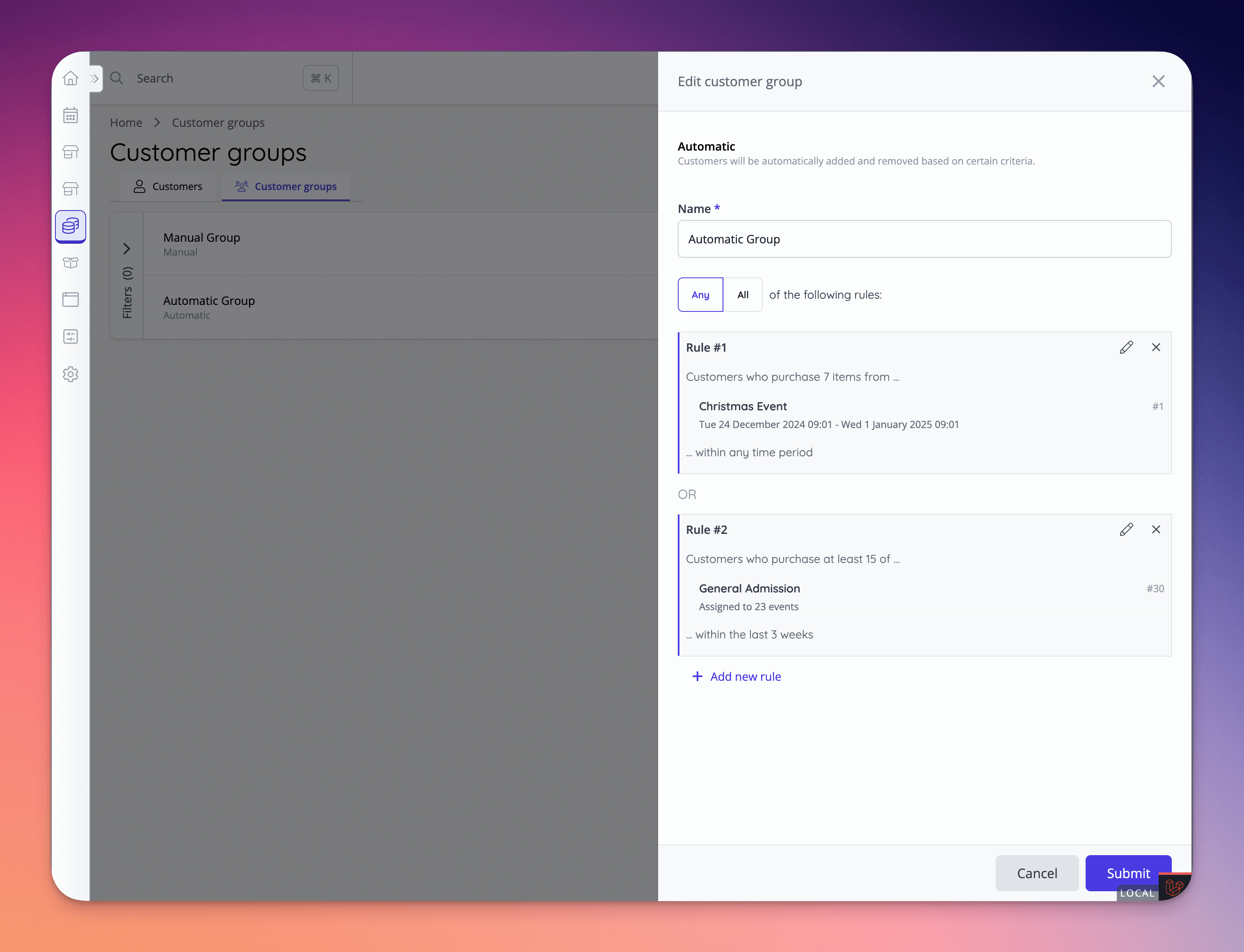 Multiple rules can be configured using any / all operators.