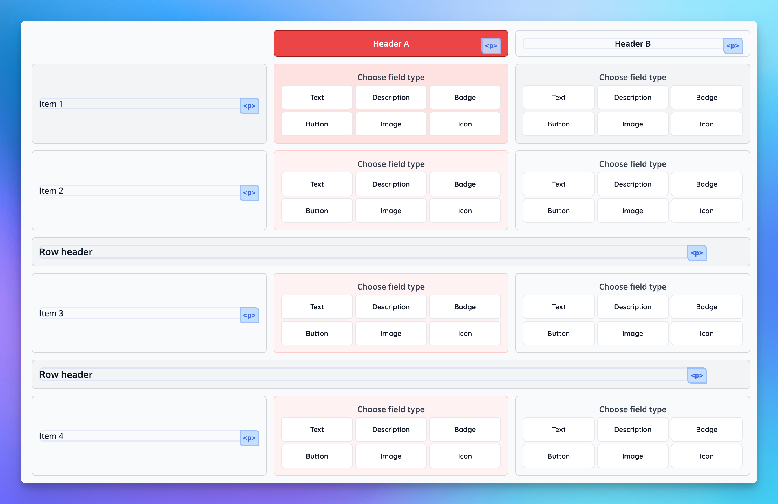 Setting up a table template block in Admin, customising the content type, header rows and header colours.