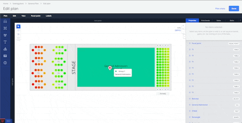 Applying a new focal point to a seating plan in Admin