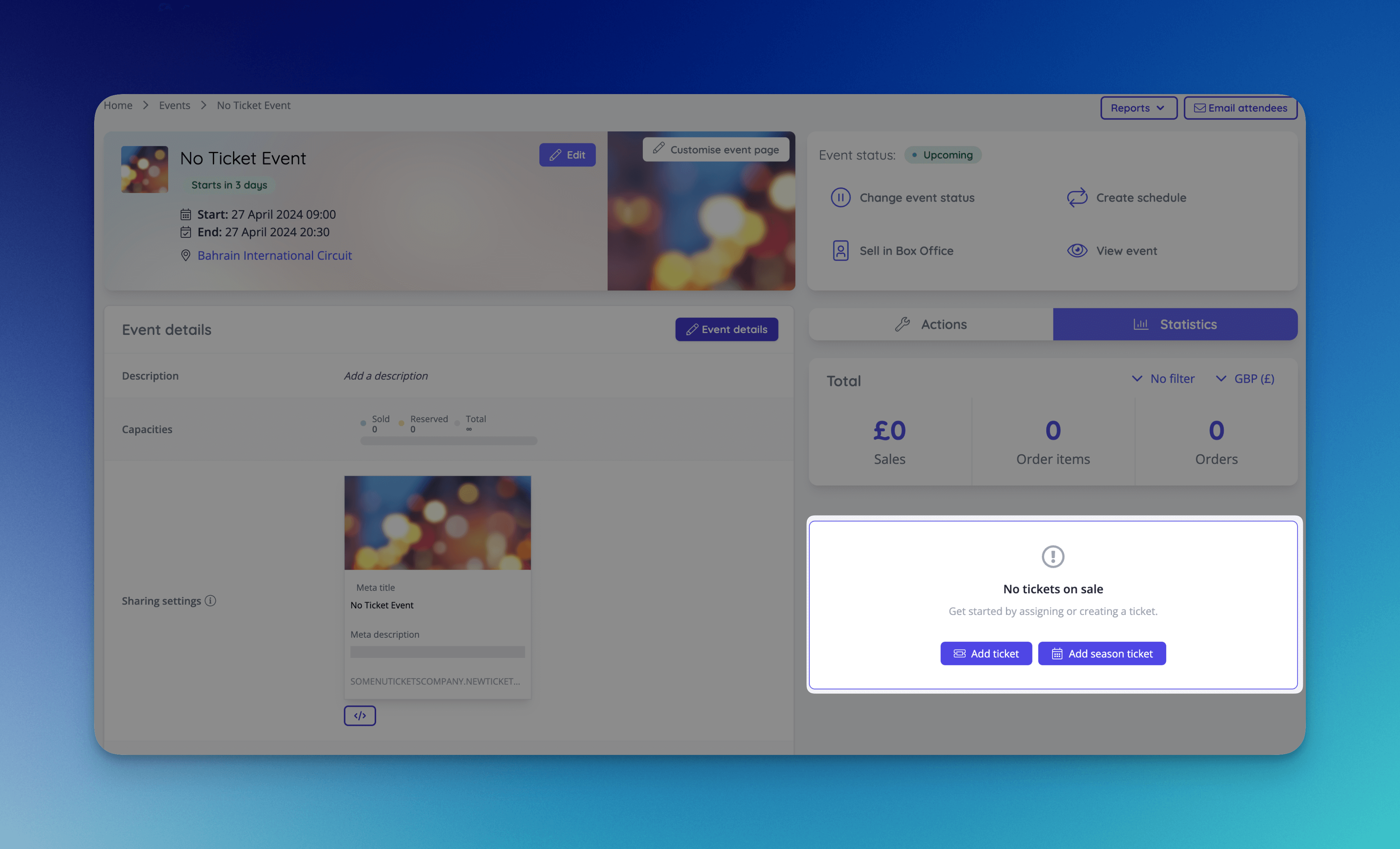 Warning on event with no tickets