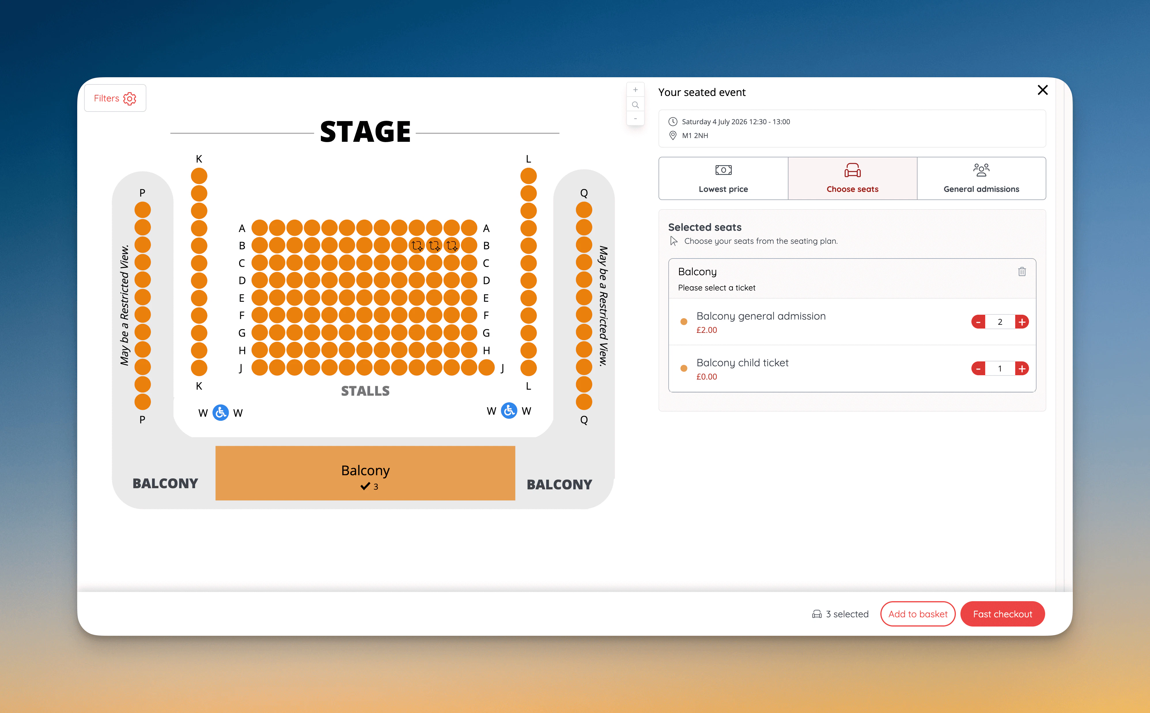 General admissions need to be selected once through the seating plan, then your customers can add multiple tickets using the new selector.