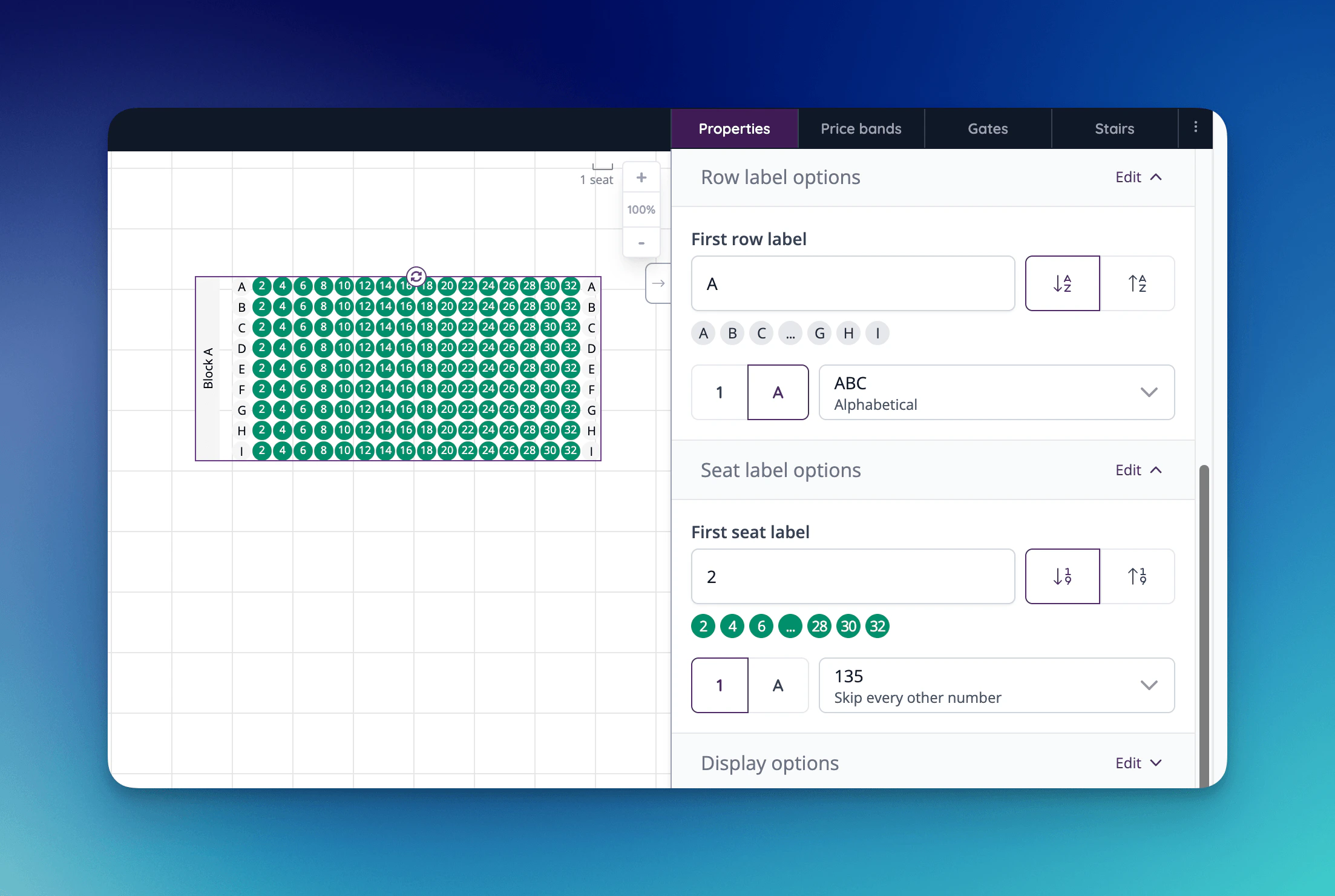 The first seat label field will automatically change between numeric and alphabetical options, and correctly sets values even when skipping is enabled.