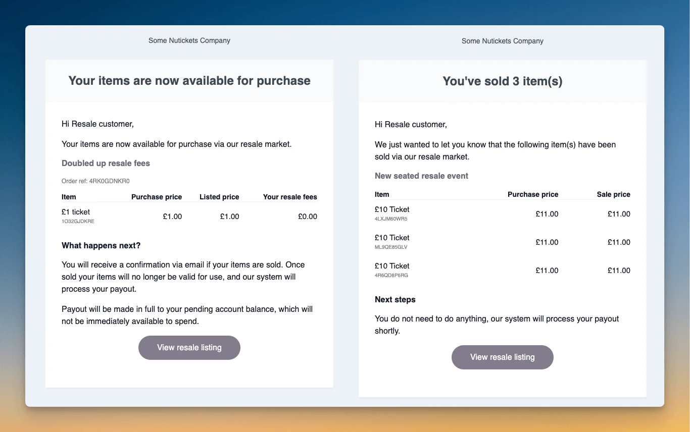 Example emails sent to seller when items are listed, and sold.