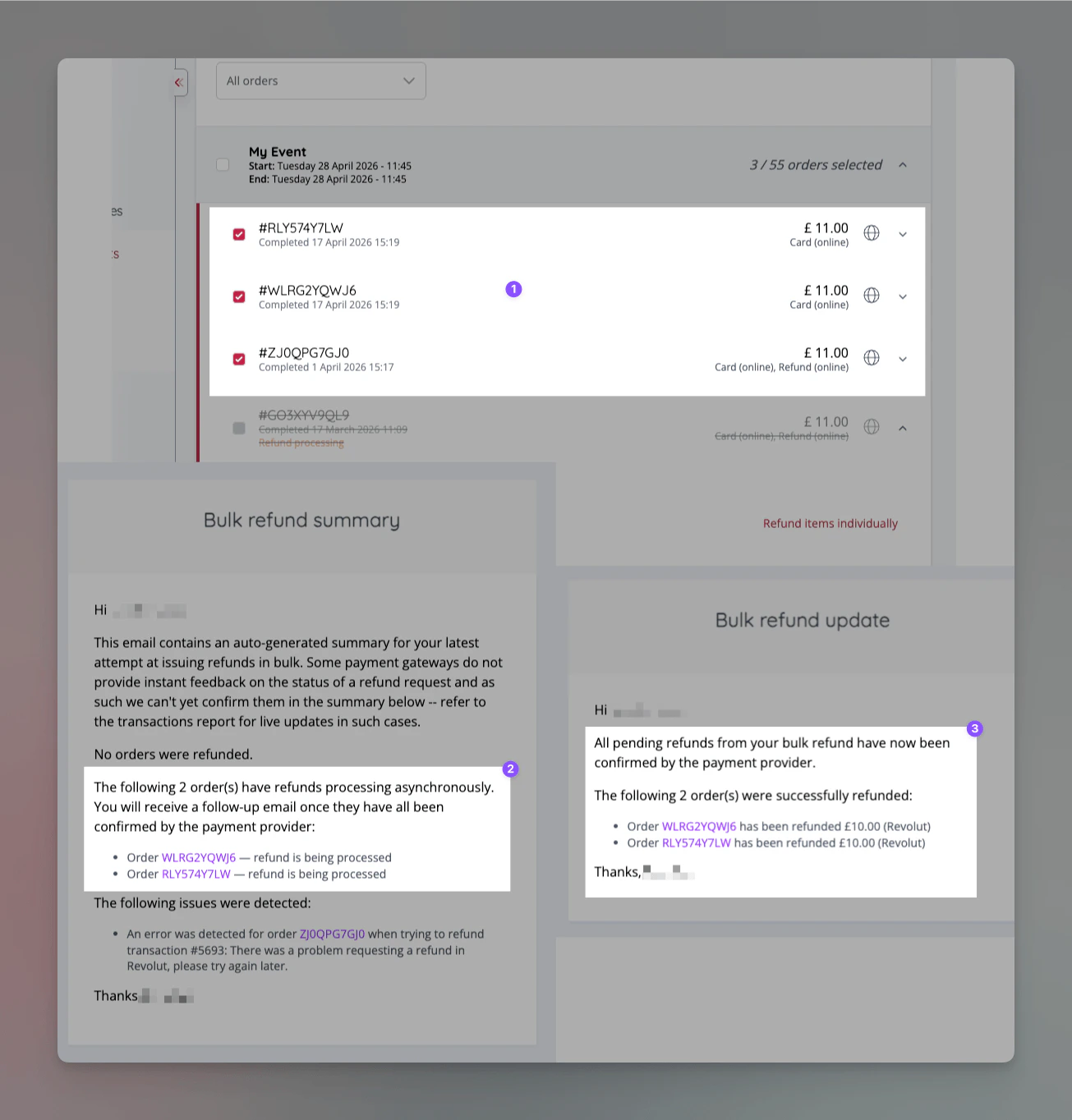 Full refund lifecycle tracking for event cancellations