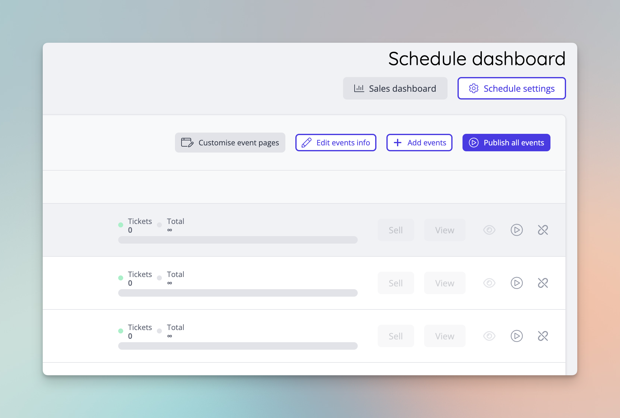 All events in the schedule will be published making it easier to sell repeat events quickly.